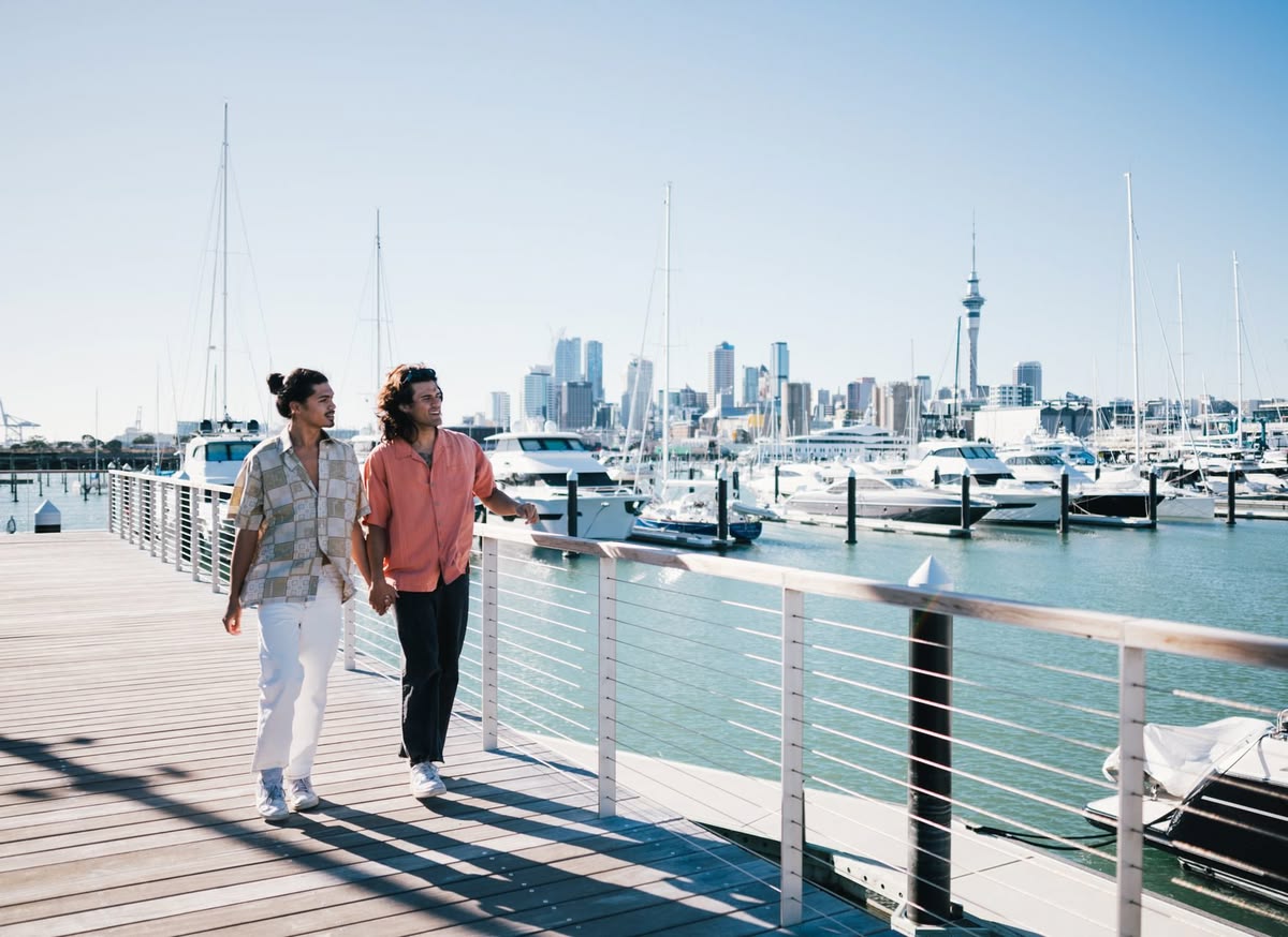 City skyline motif echoing Auckland walking context.